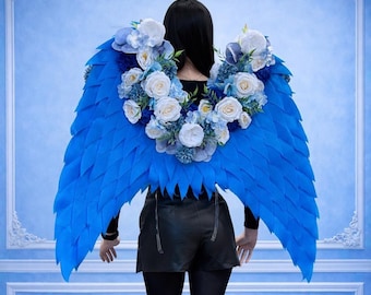 Alas de hada de flores azules – Cosplay, disfraz de ángel (130 cm), ropa para festivales 2026 - Disfraz de ángel azul - Alas de hada de flores