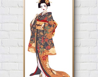 Japanese Geisha Cross Stitch Pattern – Elegant Saga Geisha Embroidery (Digital Download)