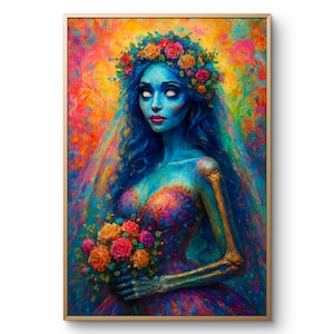 Op de afbeelding: Een ingelijste kunstdruk van een blauwhuidige figuur in een kleurrijke jurk, met een boeket rozen. De figuur draagt een bloemenkrans en sluier, met skeletachtige armen. De achtergrond is een levendige mix van kleuren.
