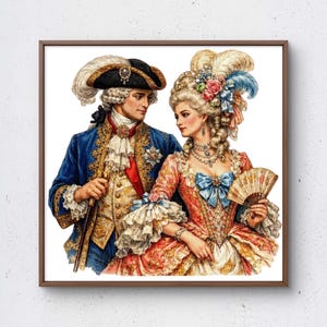 Peut inclure: Un modèle de point de croix représentant un couple du XVIIIe siècle en tenue formelle. La personne à gauche porte un manteau bleu avec des broderies dorées et un tricorne. La personne à droite porte une robe rose à fleurs, une perruque et un éventail.