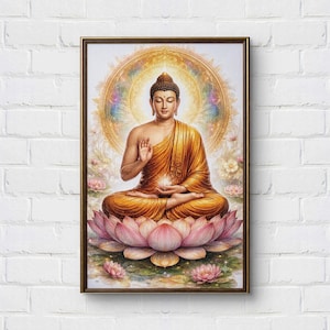 May include: A framed wall art print depicting a golden-robed Buddha figure seated in a meditative lotus position atop a large pink lotus flower. The figure is surrounded by a radiant, multicolored circular halo and smaller pink lotus blossoms.