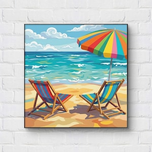May include: A framed beach scene depicts two striped deck chairs under a colorful umbrella on a sandy shore. The ocean waves are turquoise, and the sky is blue with fluffy clouds. A vibrant, summery artwork.