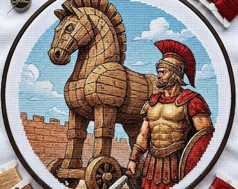 PDF Troy Horse Cross Stitch Pattern, Odyssey Gladiator Embroidery Chart, Instant Digital Download, Mythology Needlepoint, Greek Xstitch