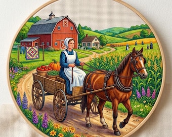 Country Life Cross Stitch Pattern PDF, Horse and Wagon Digital Chart, Farmhouse Embroidery Design, Instant Download, Cottagecore Pdf