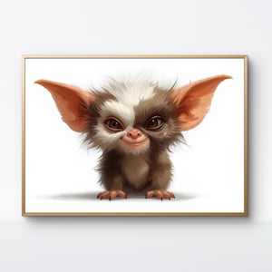 May include: A framed print featuring a whimsical, cartoon-style creature with large, pointed ears and a mischievous grin. The creature has brown and white fur, large brown eyes, and small claws. The artwork is set against a white background.