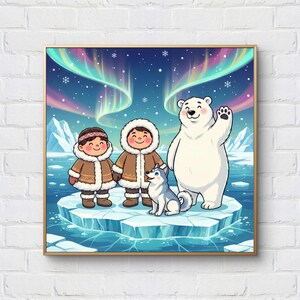 Cute Arctic Cross Stitch Pattern PDF, Northern Lights Digital Xstitch Chart, Polar Bear Husky and Inuit Kids, Winter Needlepoint Pattern