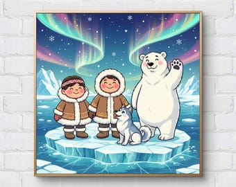 Eskimo Cross Stitch Pattern: Greenland Family and Polarbear Embroidery  (Digital Download)