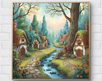 Patrón de punto de cruz "Pueblo Encantado": Bordado de un acogedor paisaje de fantasía (PDF) (Descarga digital)