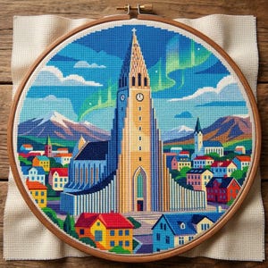 以下が含まれることがあります： 木製の刺繍枠に入った円形のクロスステッチ刺繍。時計塔のある高い教会が描かれ、その周囲にはカラフルな家々と雪を頂いた山々が広がり、青い空には鮮やかな緑色のオーロラが輝いています。