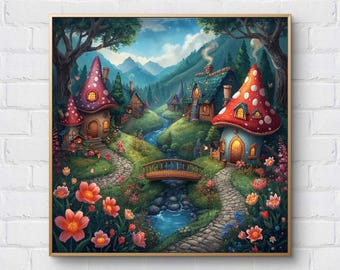 Patrón de punto de cruz "Pueblo de setas encantadas": Bordado estilo cottagecore de fantasía acogedora en formato PDF (descarga digital).
