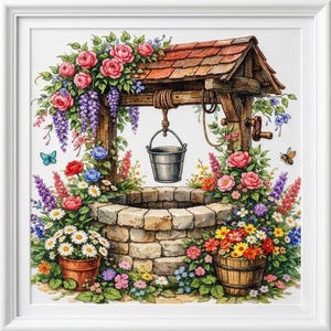 May include: A cross-stitch pattern featuring a stone well with a wooden roof and a hanging metal bucket. The structure is surrounded by vibrant clusters of pink roses, purple wisteria, daisies, and various colorful wildflowers in wooden pots.