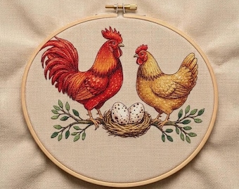 Rooster and Hen Cross Stitch Pattern, Farmhouse Chicken PDF, Country Nest Needlepoint Chart, Digital Embroidery Pattern Keeper, Instant pdf
