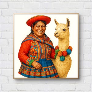 May include: A framed print featuring a smiling woman in traditional Andean attire, alongside a llama adorned with a colorful pom-pom garland. The woman wears a red hat, a patterned shawl, and a blue skirt. The artwork has a warm, inviting aesthetic.