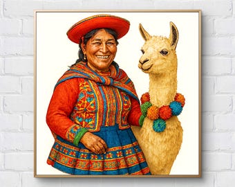May include: A framed print featuring a smiling woman in traditional Andean attire, alongside a llama adorned with a colorful pom-pom garland. The woman wears a red hat, a patterned shawl, and a blue skirt. The artwork has a warm, inviting aesthetic.