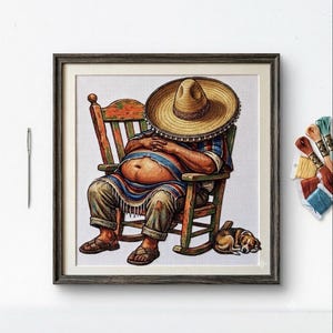 Siesta-Kreuzstichmuster, Schlafender Mann mit Sombrero und Hund, Lustige mexikanische Dekoration, Entspannendes Stickdesign, Digitaler PDF-Download