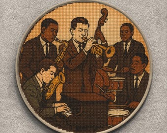 Jazz Band Cross Stitch Pattern: 60s Music Embroidery (Digital Download)