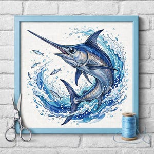 Swordfish Cross Stitch Pattern PDF, Watercolor Marlin Ocean Needlepoint Chart, Instant Download Digital File, Nautical Blue Fish Embroidery