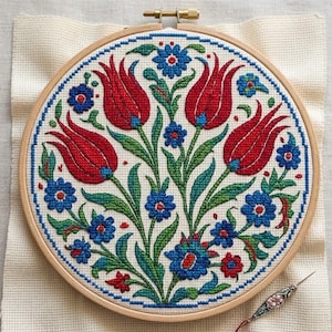 Turkish Tulip Cross Stitch Pattern PDF, Round Iznik Floral Xstitch, Traditional Ceramic Flower Embroidery Chart, Instant Digital Download