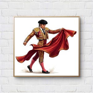 May include: A framed print of a matador in a traditional costume. The matador is holding a red cape, with a black hat and jacket with gold embroidery. The artwork is set against a white background.