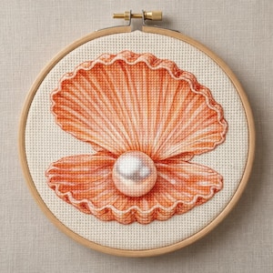 May include: A cross-stitch embroidery piece featuring an open orange scallop shell containing a single, large, iridescent white pearl. The design is centred on a piece of cream-coloured Aida fabric held within a circular wooden embroidery hoop.