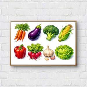 Può includere: Una stampa incorniciata con una vivace illustrazione di varie verdure. L'immagine include carote, una melanzana, broccoli, mais, un peperone rosso, ravanelli, aglio e una lattuga. Le verdure sono raffigurate con dettagli realistici e colori vivaci.