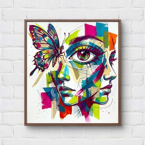 May include: Abstract art print featuring a woman's face with a butterfly. The artwork uses vibrant colors like pink, blue, green, and orange. The image is framed in a brown wooden frame and is displayed against a white brick wall.