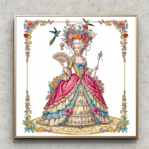 May include: A framed illustration of a woman in a historical gown, adorned with flowers and hummingbirds. The artwork features a pink and yellow dress with blue accents, a fan, and a scepter. The frame has a gold finish and a floral border.