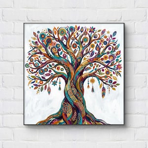 May include: A vibrant, framed painting of a tree with intricate details. The tree features a colorful array of orange, blue, green, and purple hues. The branches are adorned with decorative elements, including flowers, circles, and feathers. The artwork is set against a white background.