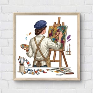 May include: A framed art print depicts an artist at work. The artist, wearing a blue beret and white shirt, paints on a canvas. Paint tubes, brushes, and a palette are arranged on a table. The artwork features a wooden frame.