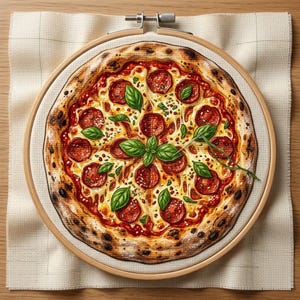 May include: A circular embroidery hoop containing a fabric piece with a detailed, realistic stitched image of a pepperoni pizza. The pizza features a golden-brown crust, melted cheese, red tomato sauce, sliced pepperoni, and green basil leaves.