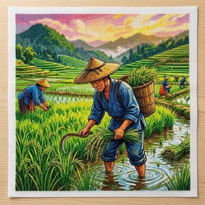 Puede incluir: Un bordado de punto de cruz que representa un paisaje rural con terrazas de arroz. Una persona con túnica azul y sombrero cónico cosecha arroz con una hoz, llevando una cesta tejida a la espalda. Otra persona trabaja al fondo bajo un cielo al atardecer.