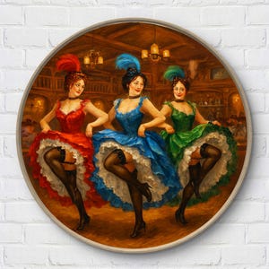 May include: Round framed artwork depicting three can-can dancers in a cabaret setting. The dancers wear colorful dresses in red, blue, and green, with matching feathered headpieces. The artwork has a vintage, theatrical style.