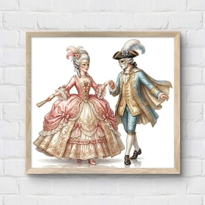 May include: A framed print depicting two figures in 18th-century masquerade attire. One figure wears a pink and cream gown with a feathered wig and mask, holding a fan. The other wears a blue and gold coat, breeches, a cape, and a feathered hat.