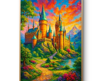 PDF Cross Stitch Pattern, Magical Castle Xstitch, Fantasy School Needlepoint Chart, Wizard Academy, Vibrant Sunset Landscape