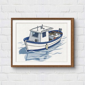 Vissersboot kruissteekpatroon pdf, nautische borduurkaart, kleine trawler digitale download, zeelandschap xstitch, instant download