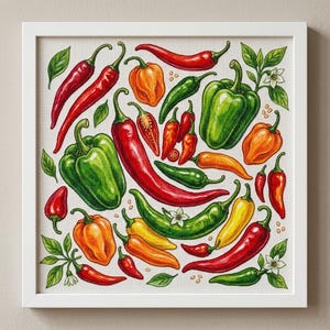 May include: A framed cross-stitch embroidery featuring a variety of colorful peppers including red, green, yellow, and orange chili, bell, and habanero peppers, interspersed with green leaves and small white blossoms on a white fabric background.