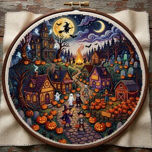 Peut inclure: Une broderie au point de croix circulaire dans un tambour en bois représentant une scène d'Halloween avec une maison hantée, un cimetière, un feu de camp et des enfants costumés. Le motif inclut des citrouilles, des fantômes et une sorcière.