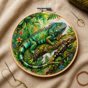 Peut inclure: Un tambour à broder circulaire en bois contenant un motif au point de croix représentant un grand iguane vert reposant sur une branche moussue aux côtés d'une salamandre noire et jaune, entouré de feuillage vert, de fougères et de fleurs orange.