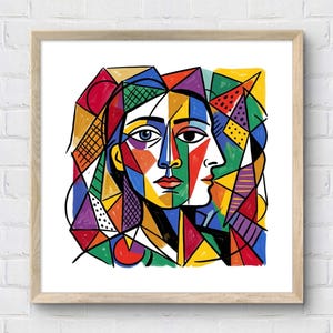 May include: A framed art print featuring a colorful, geometric portrait of a person's face. The artwork uses a vibrant palette of red, yellow, blue, and green, with black outlines defining the shapes. The style is reminiscent of cubism.