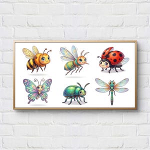 Può includere: Una stampa incorniciata con sei insetti dei cartoni animati: un'ape, una vespa, una coccinella, una farfalla, uno scarabeo e una libellula. Gli insetti sono dai colori vivaci con espressioni amichevoli, su sfondo bianco.