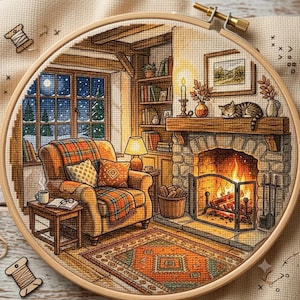 May include: A cross-stitch embroidery project in a round wooden hoop depicting a cosy room with a fireplace, a sleeping cat on the mantel, a plaid armchair, a bookshelf, and a window showing a snowy night scene with a warm interior glow.