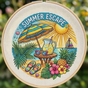 May include: A circular cross-stitch embroidery in a wooden hoop featuring a beach scene with the text SUMMER ESCAPE. The design includes a yellow sun, a striped umbrella, a pitcher of lemonade, heart-shaped sunglasses, flip-flops, and flowers.