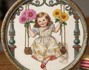 Gráfico de ponto cruz vintage de menina no balanço em PDF, gráfico de bordado retrô para casa de campo, bordado floral vitoriano delicado, download instantâneo