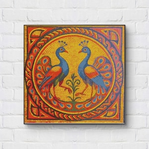May include: A square wall art piece featuring a mosaic-style illustration of two blue peacocks facing each other within a circular border. The design uses a vibrant color palette of yellow, orange, red, and blue, with a central plant motif.