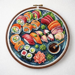 Puede incluir: Un bastidor de bordado circular con un detallado patrón de punto de cruz de una bandeja de sushi. El diseño muestra varios rollos maki, nigiri, sashimi, un cuenco pequeño de salsa de soja con un pincel de madera, jengibre y wasabi sobre fondo azul.