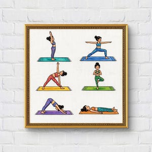 May include: A framed cross-stitch embroidery featuring six illustrations of individuals performing yoga poses on colorful mats. The poses include mountain, warrior, triangle, tree, downward-facing dog, and corpse pose, each on a distinct mat.