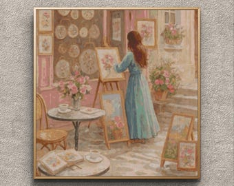 Cross Stitch Pattern Painter, Romantic French Atelier Needlepoint Chart, Floral Art Scene Instant Download Pdf, Punch Needle