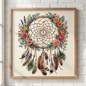 Floral Dreamcatcher Cross Stitch Pattern PDF, Boho Flower Wreath Xstitch Chart, Peacock Feather Needlepoint, Digital Download Embroidery