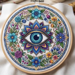 Schema per punto croce con occhio di Allah floreale: ricamo mandala in stile arte popolare anatolica (PDF, download digitale)