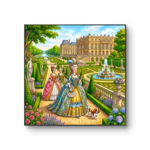 May include: A framed wall art print depicting a formal garden scene with a large stone palace in the background. Three figures in elaborate 18th-century style gowns walk along a gravel path near a fountain, accompanied by a small brown and white dog.